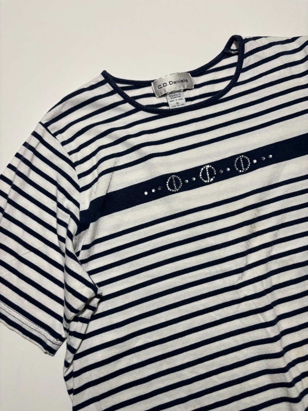 C.D. Daniels Blue & White Sailor Stripes Cotton Nautical Rhinestones Short Sleev